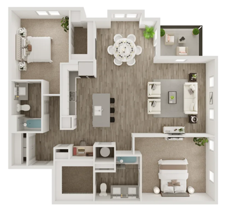 A modern kitchen with a large island and a dining area.